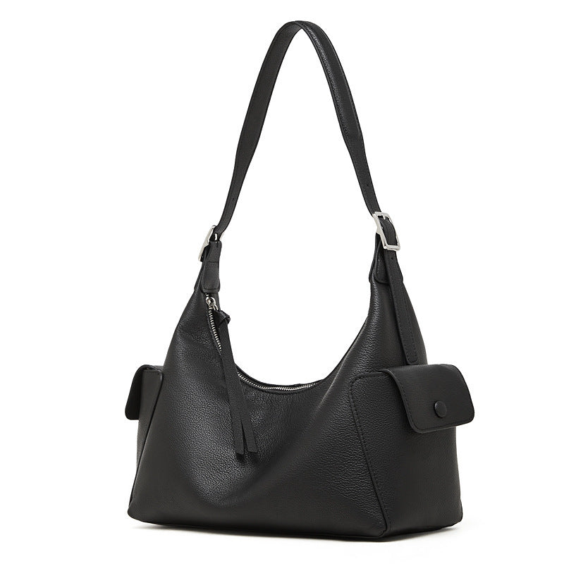 Black Genuine Leather Hobo Shoulder Bag front view
