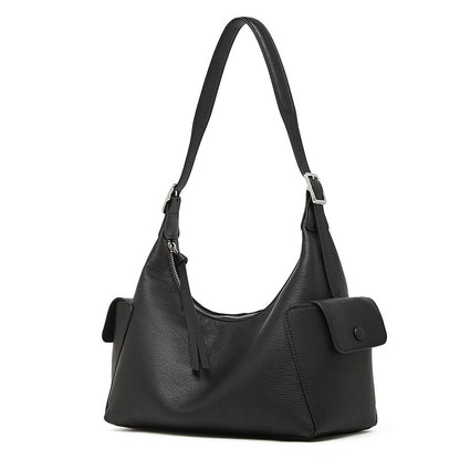 Black Genuine Leather Hobo Shoulder Bag front view