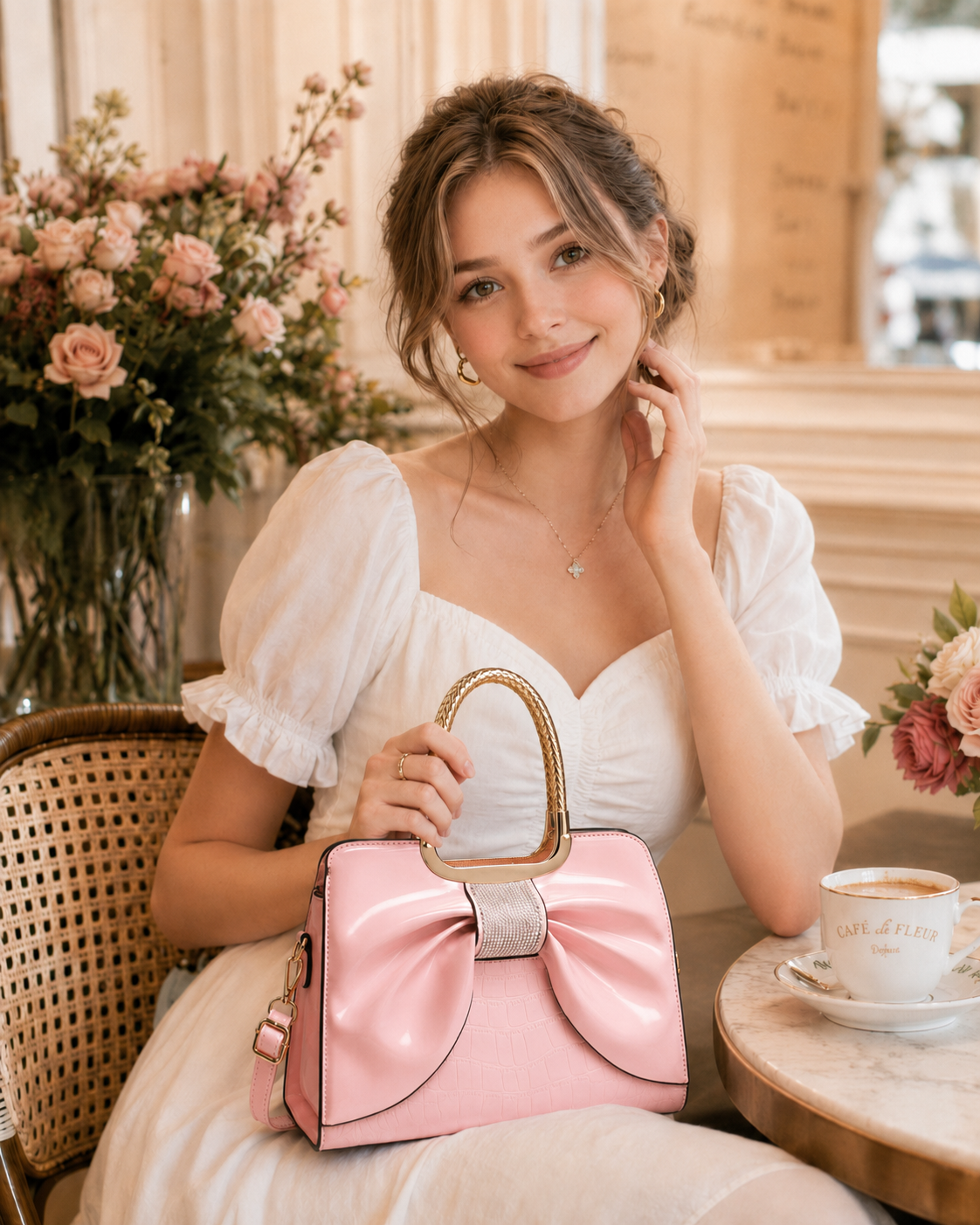 young lady holding light pink PORT&LOTUS shiny crocodile bow satchel handbag gold woven top handle casual cafe lifestyle women shoulder purse
