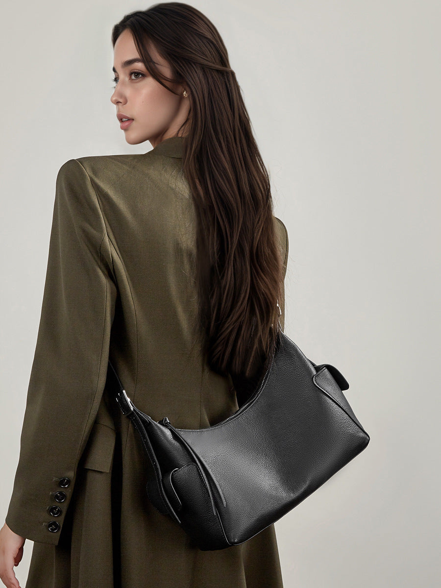 Black Genuine Leather Hobo Shoulder Bag worn on shoulder