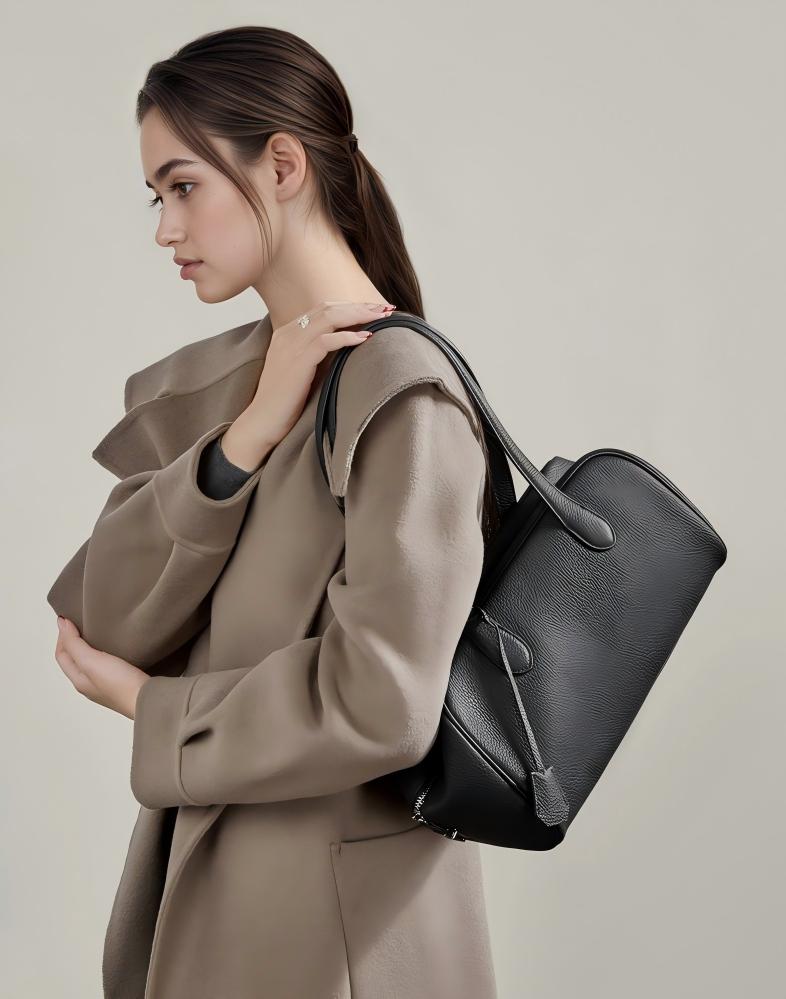 Black Genuine Leather Tote Bag worn on shoulder
