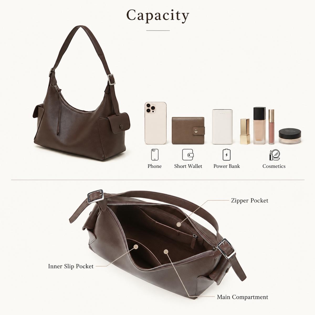 Coffee Genuine Leather Hobo Shoulder Bag interior and everyday capacity