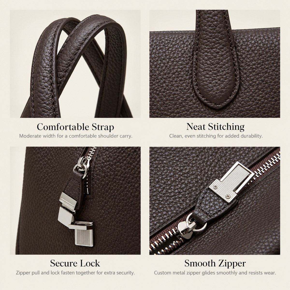 Genuine Leather Tote Bag construction and hardware details