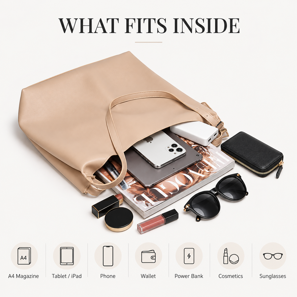 Beige Large Capacity Tote Bag with Matching Pouch interior and everyday capacity