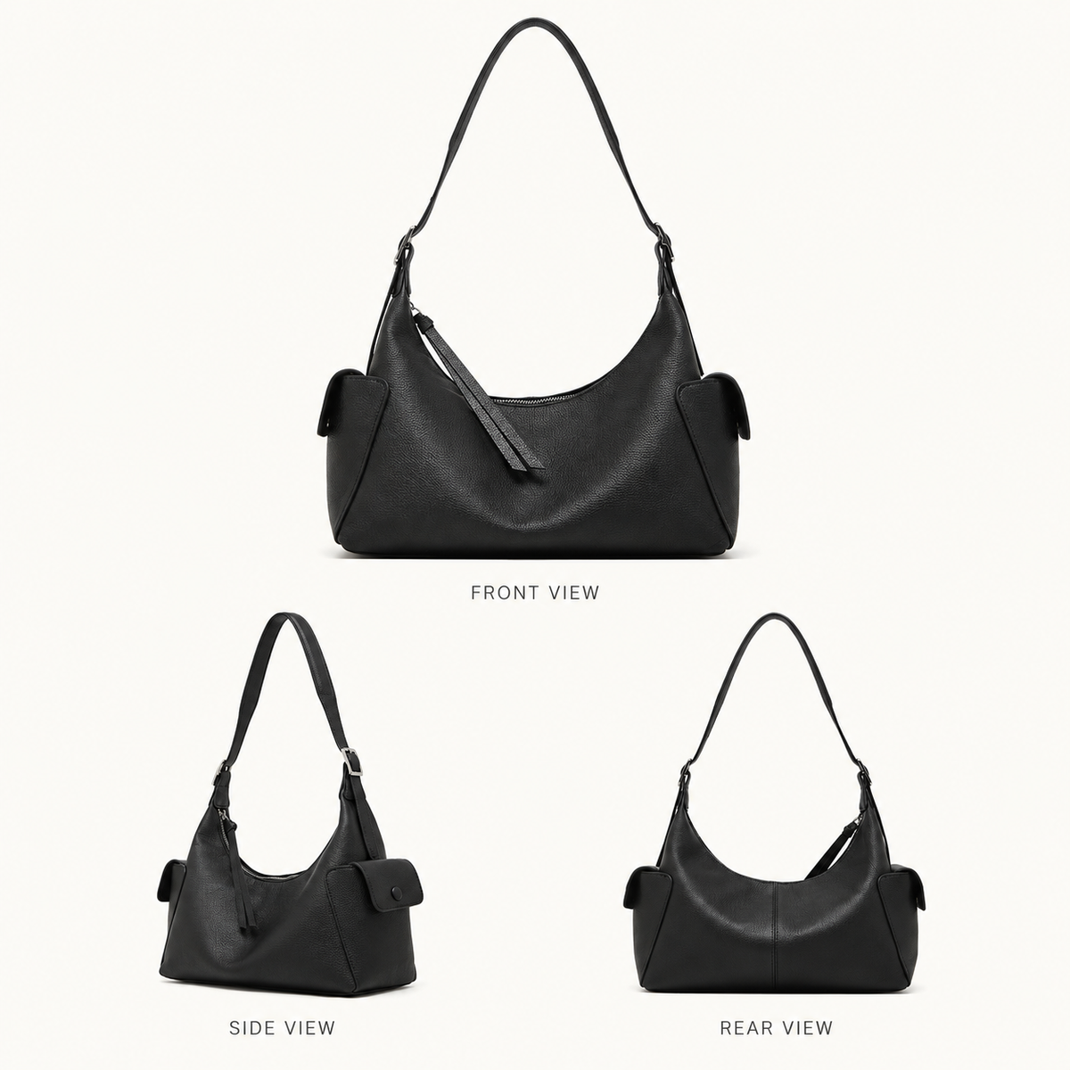 Black Genuine Leather Hobo Shoulder Bag multiple views