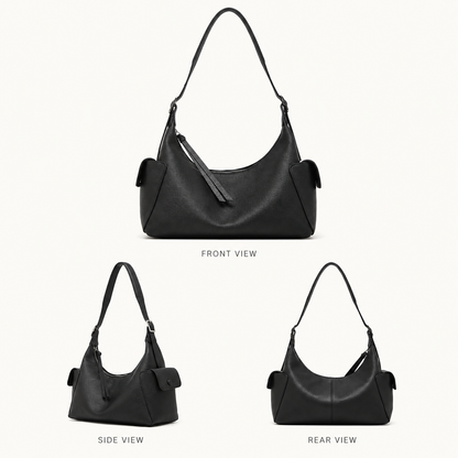 Black Genuine Leather Hobo Shoulder Bag multiple views