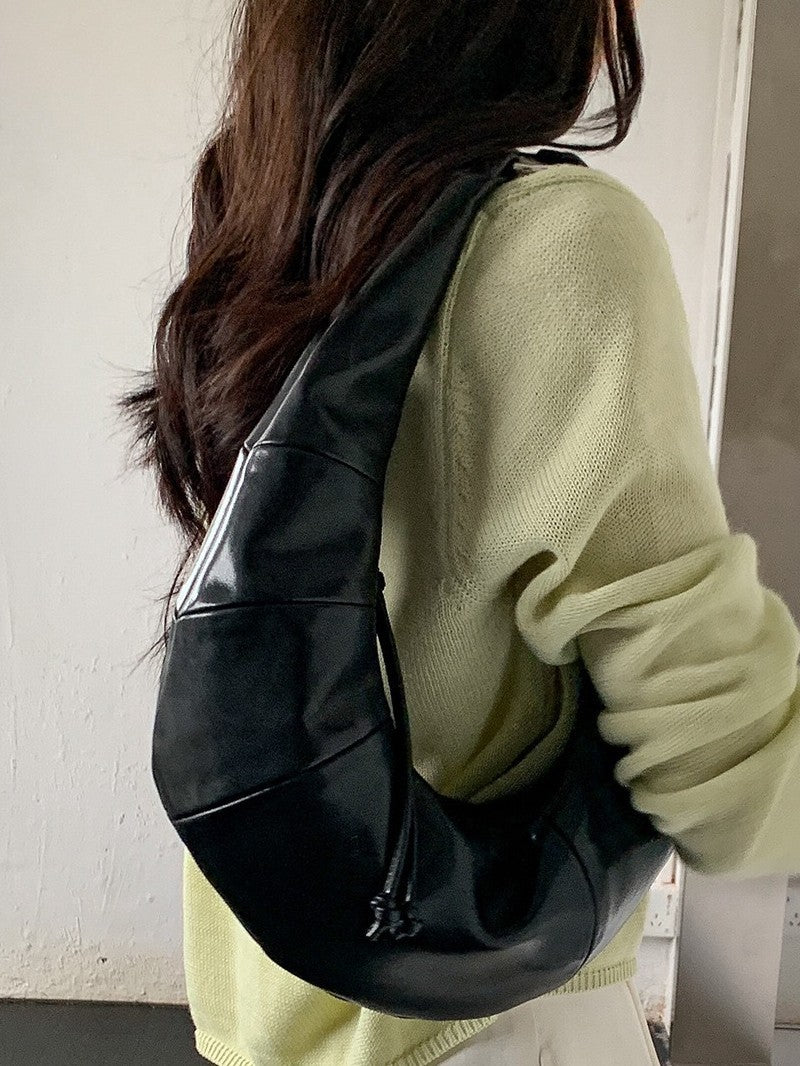 Black Crescent Hobo Shoulder Bag worn on shoulder