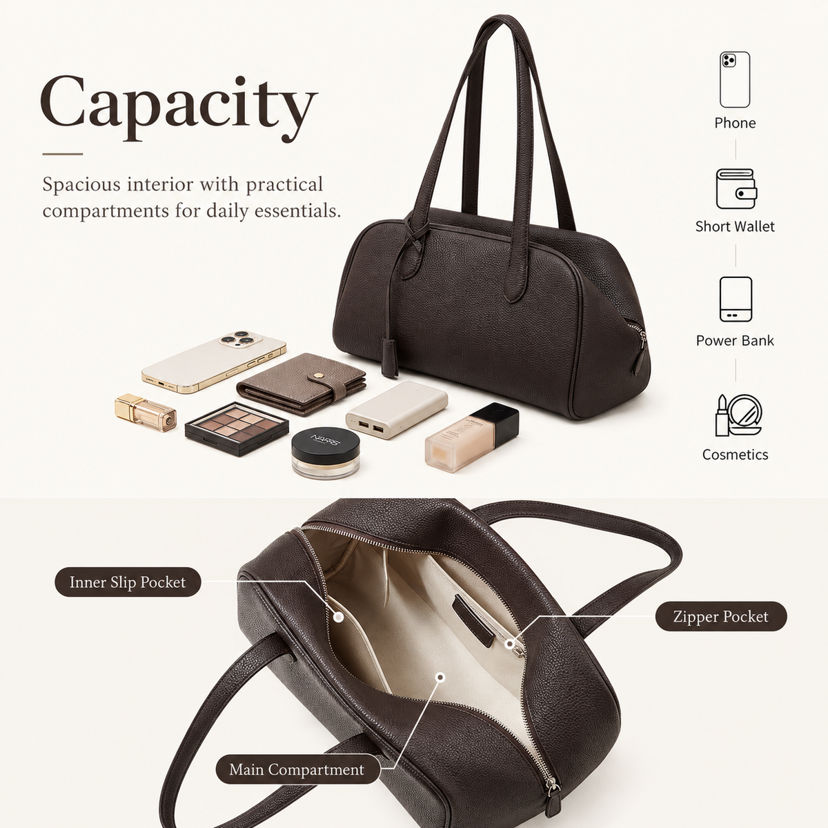Coffee Genuine Leather Tote Bag interior and everyday capacity