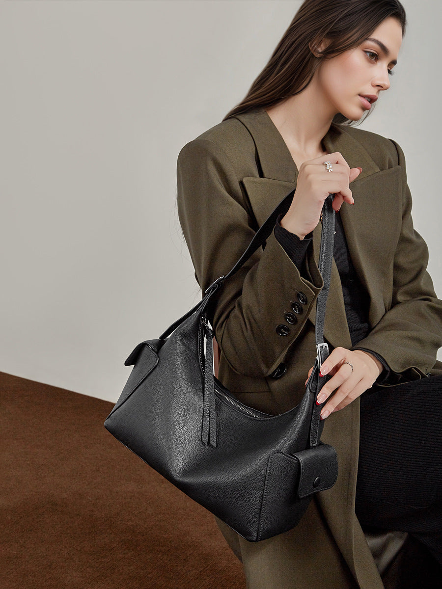 Black Genuine Leather Hobo Shoulder Bag worn on shoulder