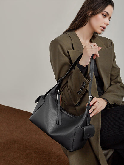 Black Genuine Leather Hobo Shoulder Bag worn on shoulder