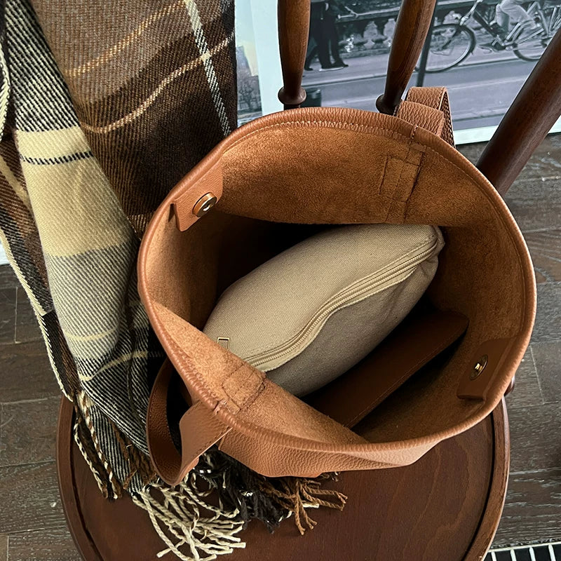 Brown Minimalist Tote Bag interior and closure
