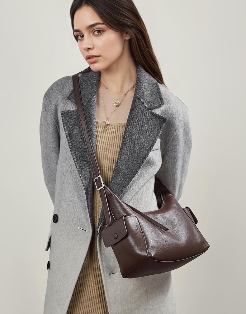 Coffee Genuine Leather Hobo Shoulder Bag worn on shoulder
