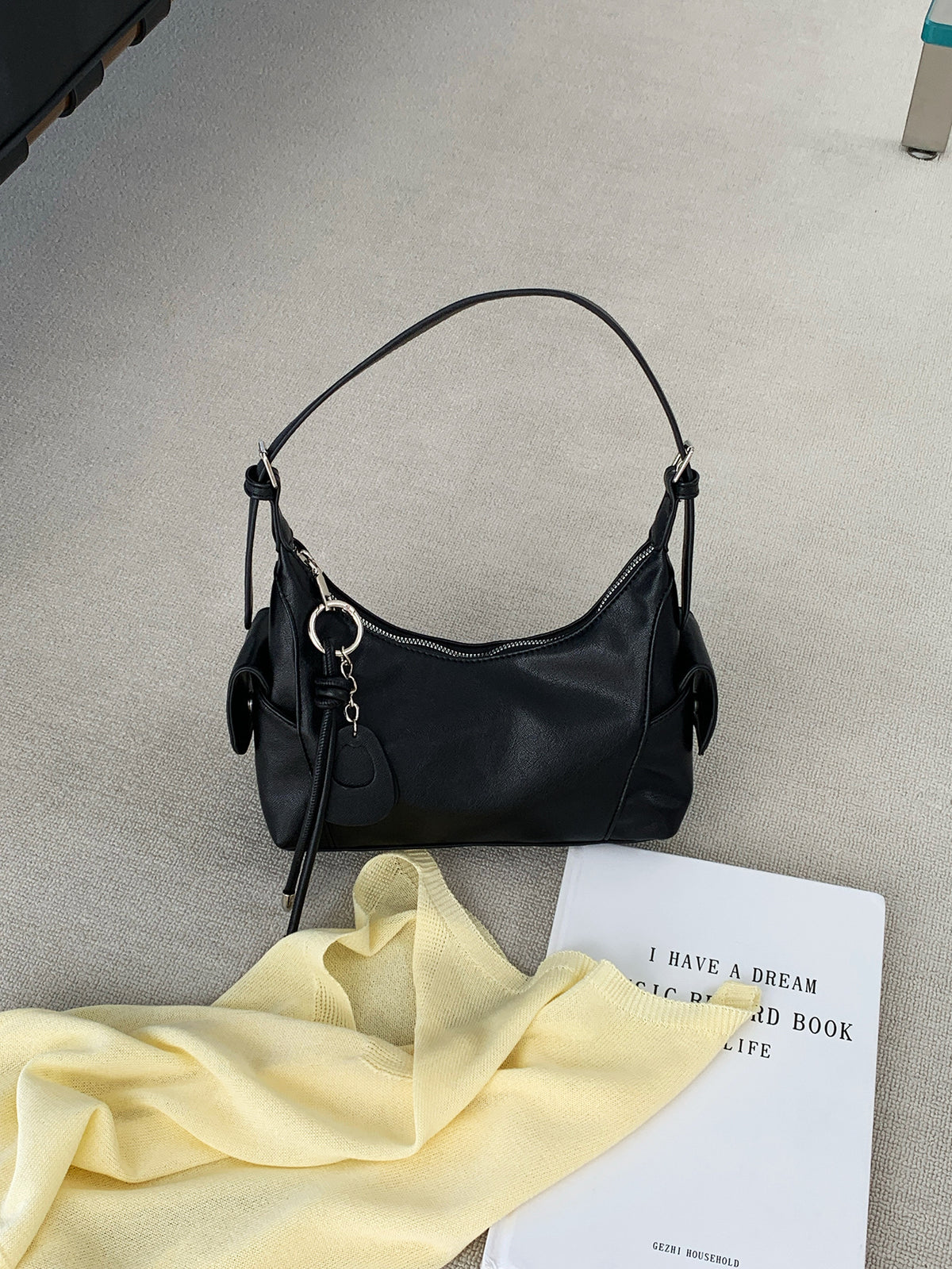 Black Small Hobo Shoulder Bag front view