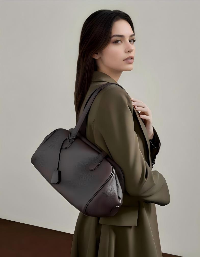 Black Genuine Leather Tote Bag worn on shoulder