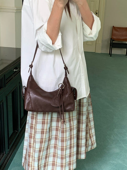 Brown Small Hobo Shoulder Bag worn on shoulder