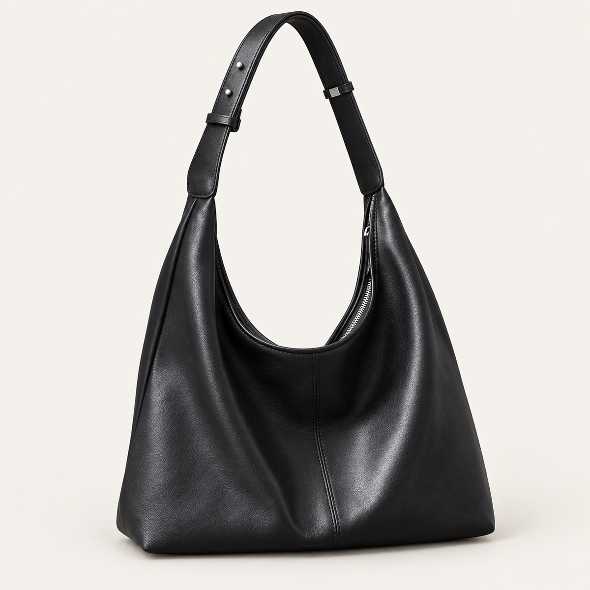 Black Genuine Leather Hobo Shoulder Bag front view