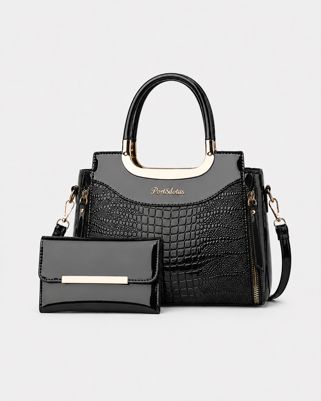 PORT&LOTUS black croc-embossed PU leather handbag set with glossy finish, gold-tone hardware and matching wallet