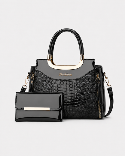 PORT&LOTUS black croc-embossed PU leather handbag set with glossy finish, gold-tone hardware and matching wallet