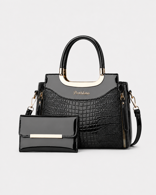 PORT&LOTUS black croc-embossed PU leather handbag set with glossy finish, gold-tone hardware and matching wallet