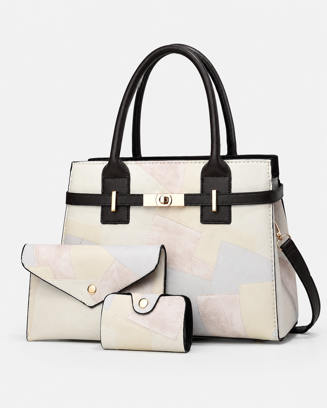 PORT&LOTUS ivory blush and light gray patchwork tote bag set with matching envelope wallet and card holder
