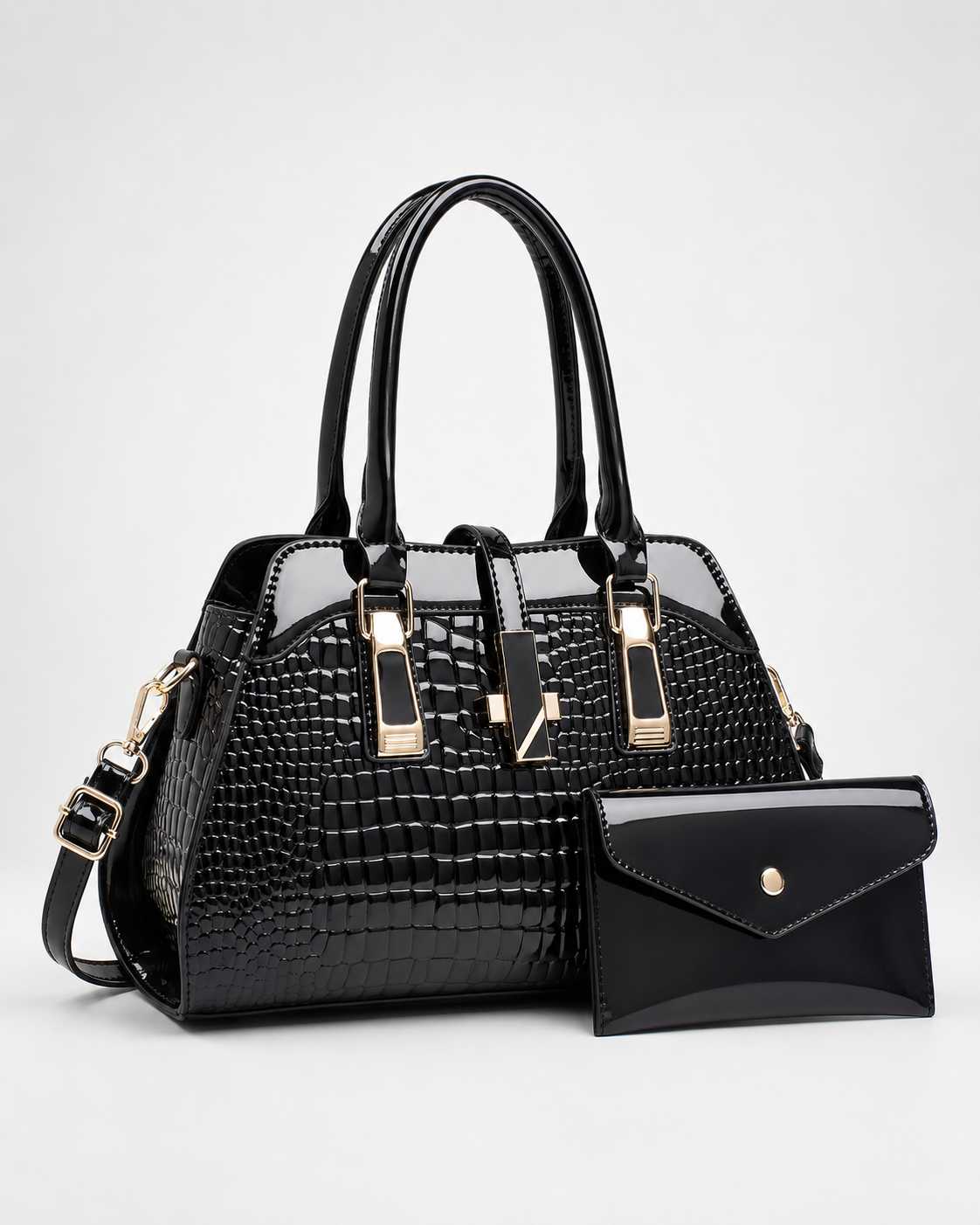 Black PORT&LOTUS two-piece handbag set with patent crocodile embossed tote matching envelope wallet detachable strap and gold-tone hardware