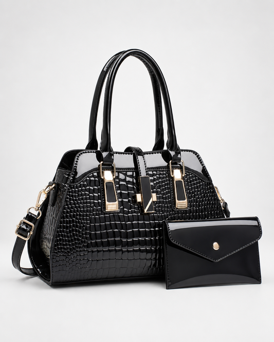 Black PORT&LOTUS two-piece handbag set with patent crocodile embossed tote matching envelope wallet detachable strap and gold-tone hardware