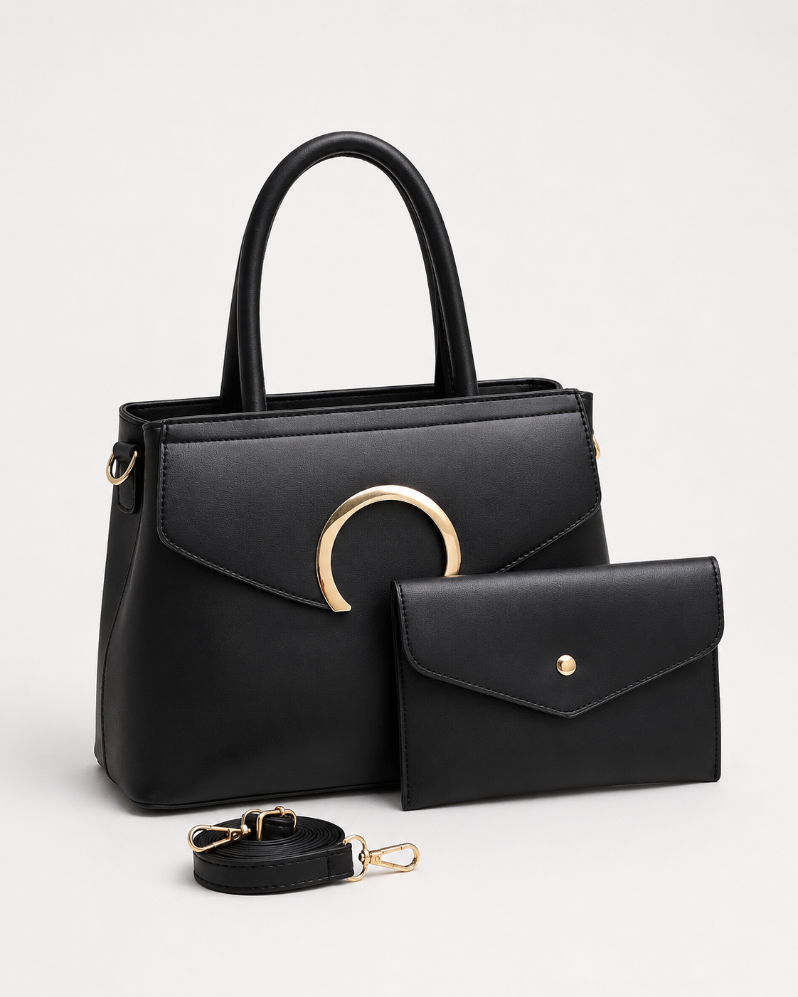 Black PORT&LOTUS two-piece handbag set with structured tote envelope wallet detachable shoulder strap and gold-tone crescent detail