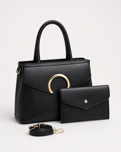 Black PORT&LOTUS two-piece handbag set with structured tote envelope wallet detachable shoulder strap and gold-tone crescent detail
