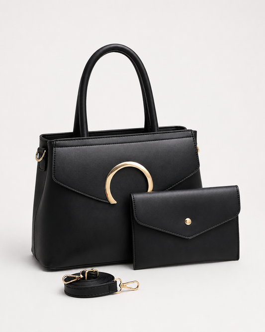 Black PORT&LOTUS two-piece handbag set with structured tote envelope wallet detachable shoulder strap and gold-tone crescent detail