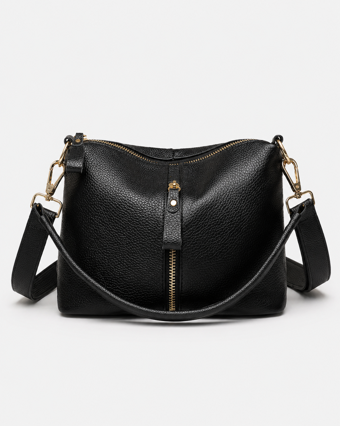 Front view of black PORT&LOTUS pebbled vegan leather crossbody bag with curved handle and adjustable shoulder strap