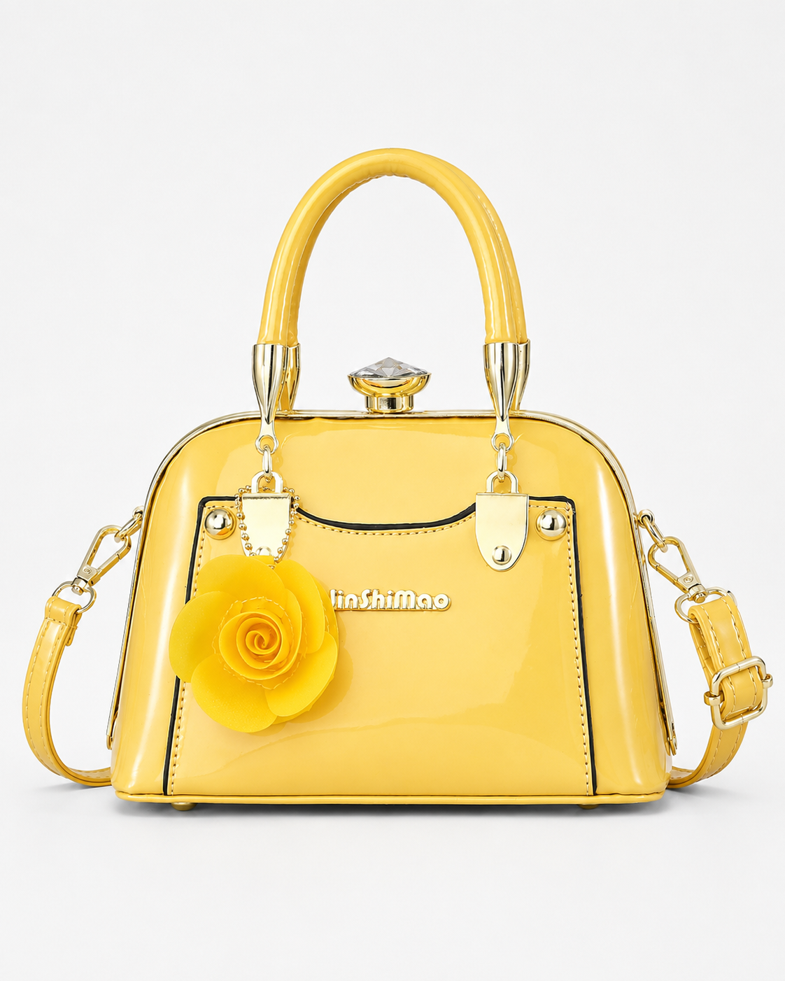 port&lotus yellow patent leather vintage dome handbag flower charm crystal closure ladies crossbody top handle bag