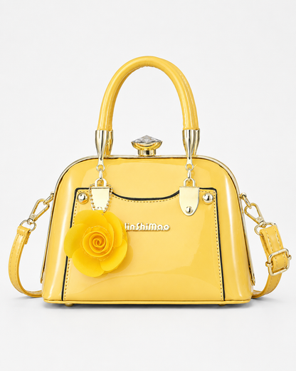 port&lotus yellow patent leather vintage dome handbag flower charm crystal closure ladies crossbody top handle bag