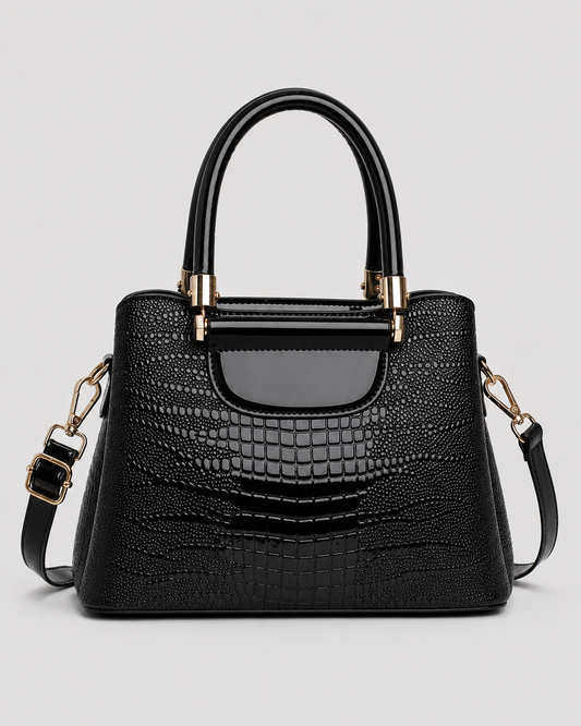 Front view of black PORT&LOTUS crocodile embossed PU leather handbag with glossy handles and detachable shoulder strap