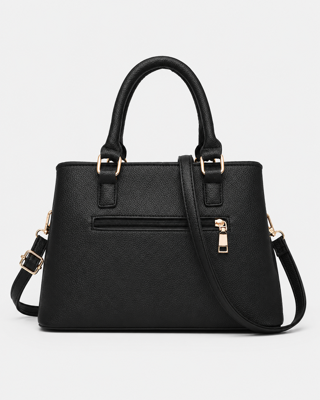 back view of black PORT&LOTUS textured top handle satchel bag rear zipper pocket detachable crossbody strap white background