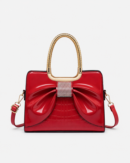 Port&Lotus Red Patent Croc Bow Satchel Bag glossy top handle purse rhinestone decor detachable shoulder strap
