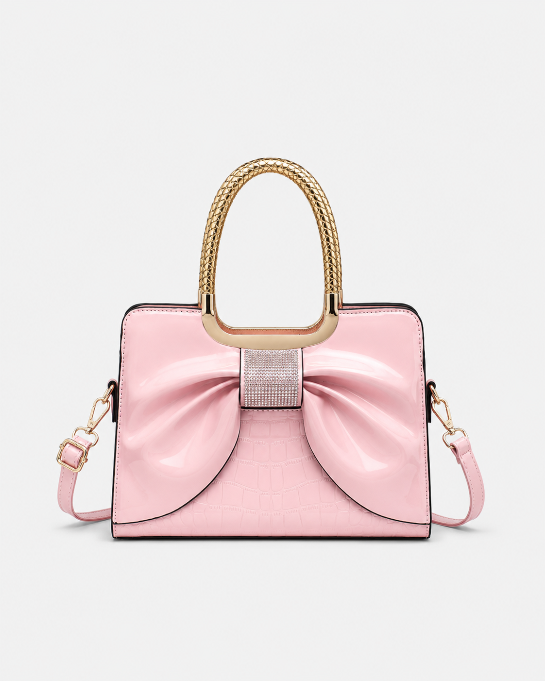Port&Lotus Pink Patent Croc Bow Satchel Bag glossy top handle handbag rhinestone accent detachable shoulder strap