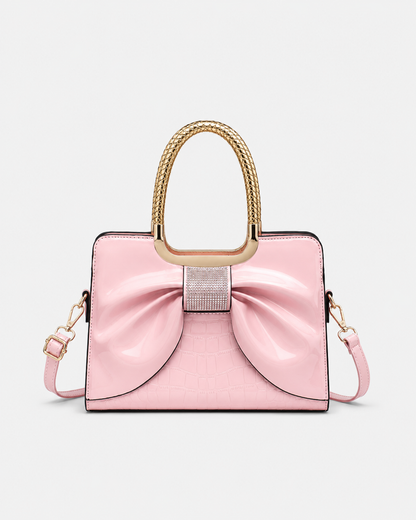 Port&Lotus Pink Patent Croc Bow Satchel Bag glossy top handle handbag rhinestone accent detachable shoulder strap