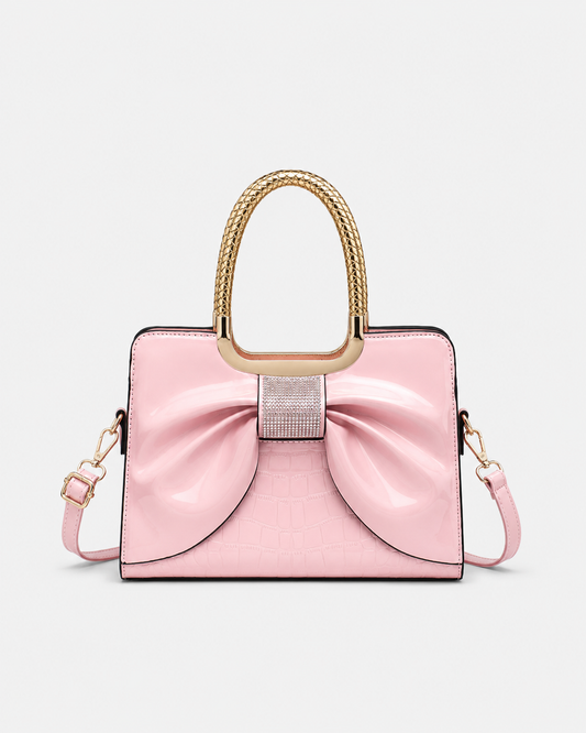 Port&Lotus Pink Patent Croc Bow Satchel Bag glossy top handle handbag rhinestone accent detachable shoulder strap