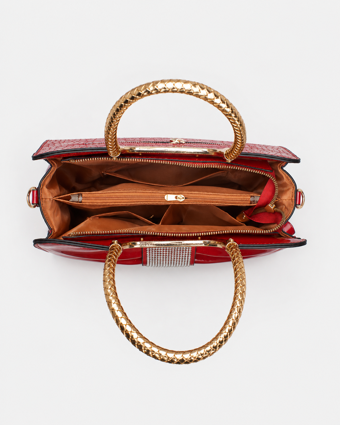 Port&Lotus Red Patent Croc Bow Handbag top view showing multi compartment interior storage