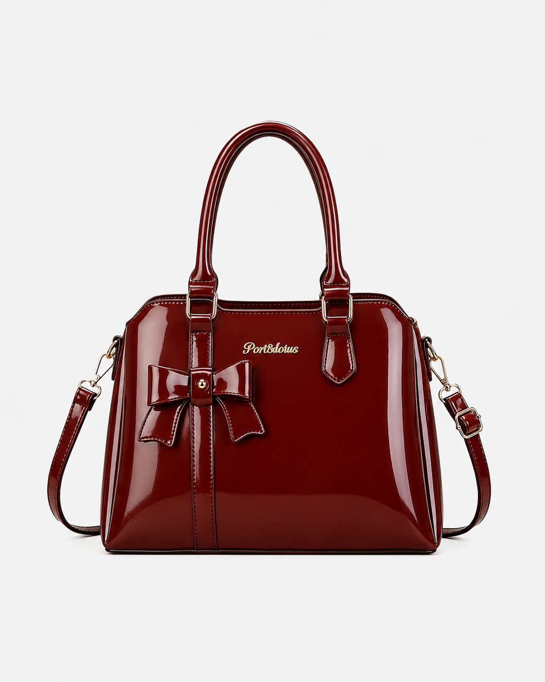 Port&Lotus Burgundy Patent Leather Bow Satchel Bag glossy top handle handbag with detachable crossbody strap front bow detail