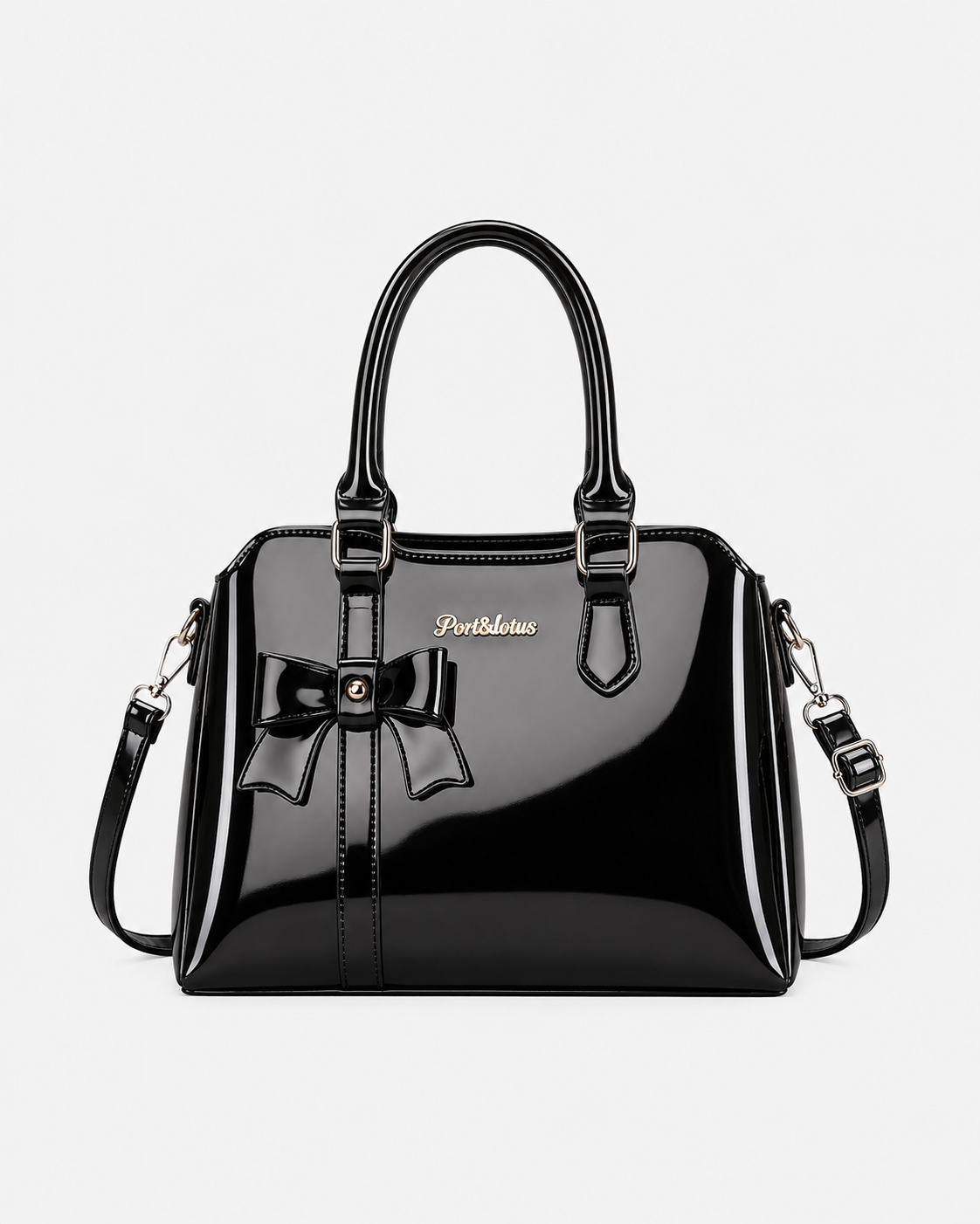 Port&Lotus Black Patent Leather Bow Satchel Bag glossy top handle women handbag with removable crossbody strap decorative front bow