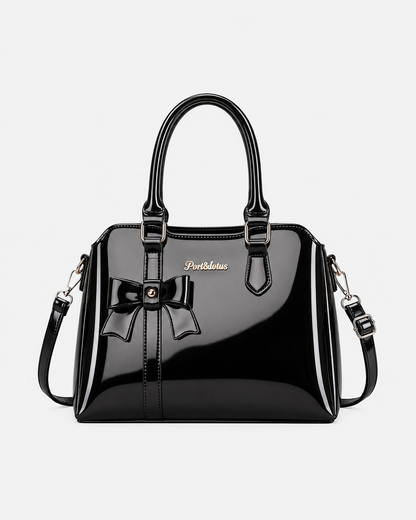 Port&Lotus Black Patent Leather Bow Satchel Bag glossy top handle women handbag with removable crossbody strap decorative front bow