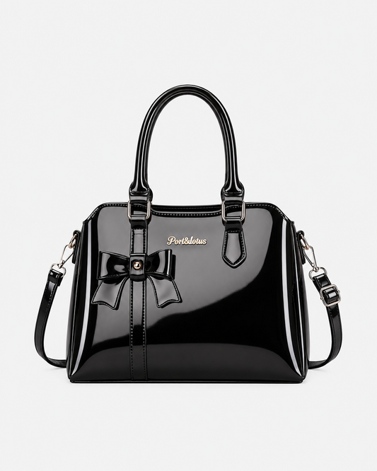 Port&Lotus Black Patent Leather Bow Satchel Bag glossy top handle women handbag with removable crossbody strap decorative front bow