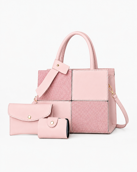 Pink three-piece vegan leather handbag set with structured top-handle tote, detachable strap, wallet and card holder