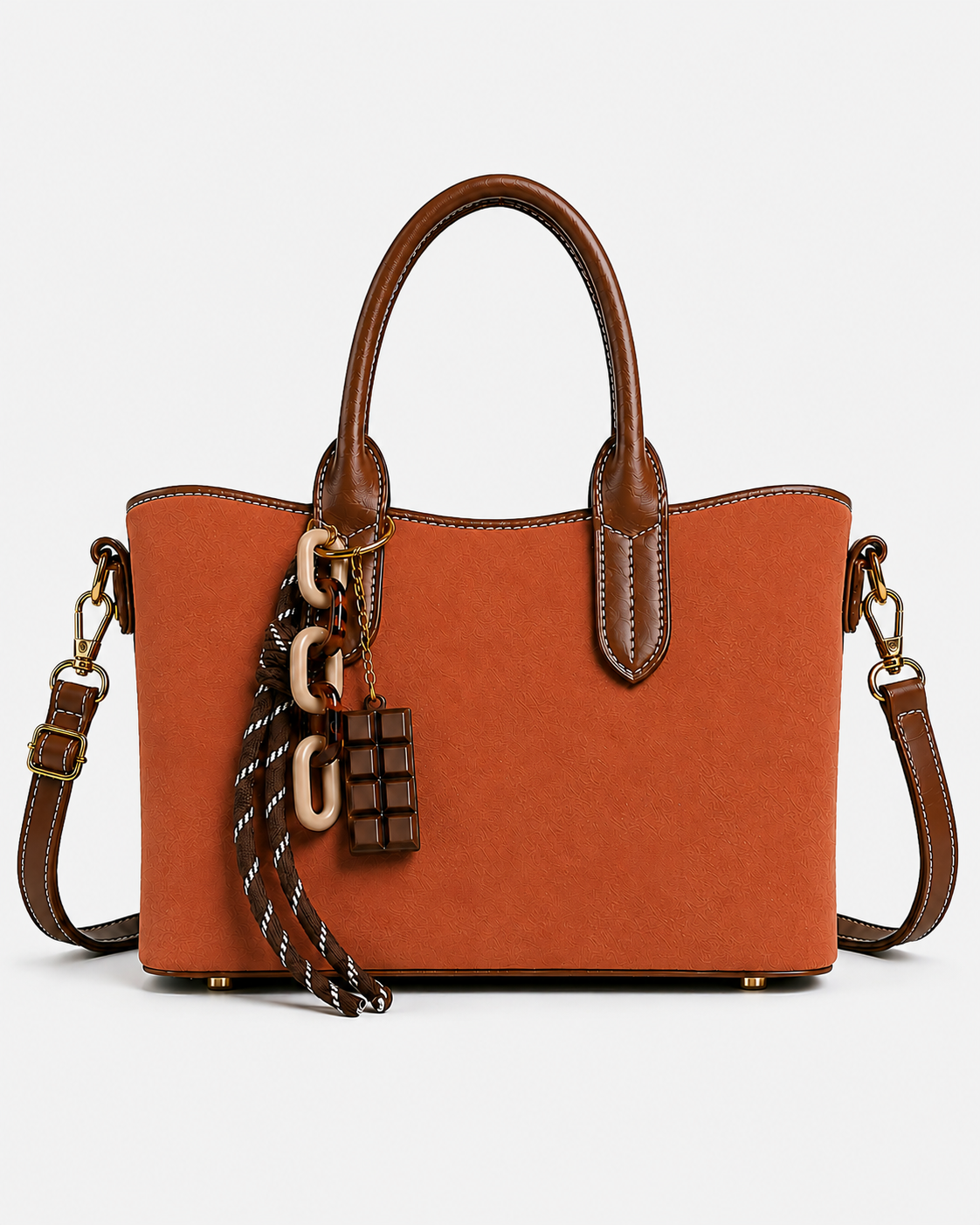 PORT&LOTUS orange tote handbag with brown top handles detachable shoulder strap decorative bag charms and gold-tone hardware