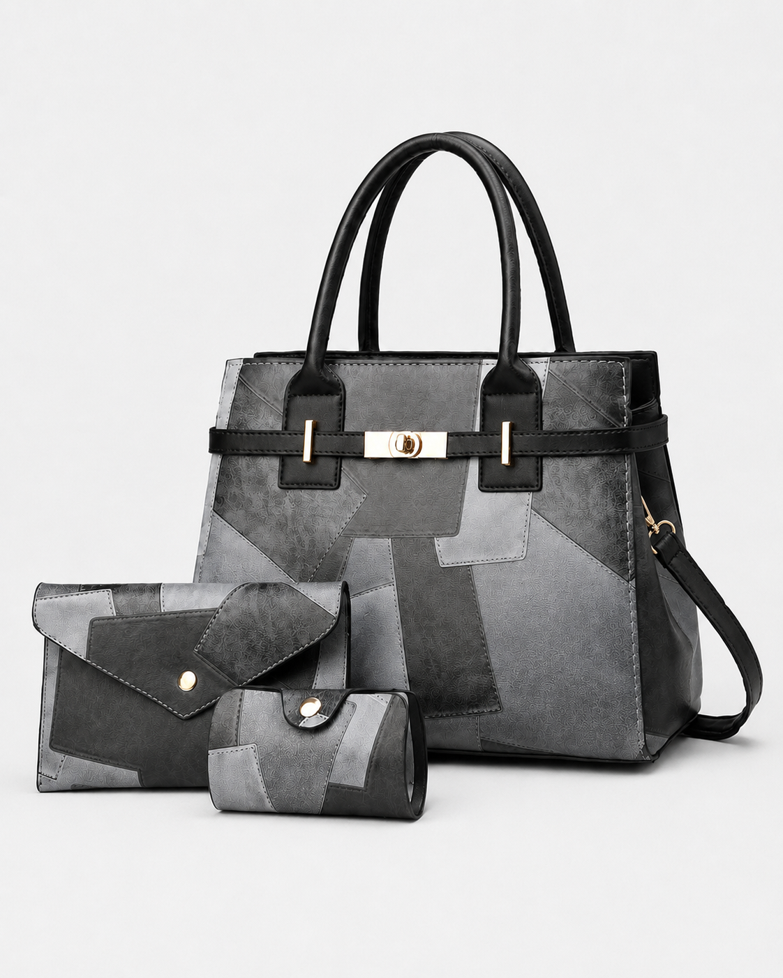 PORT&LOTUS gray and black patchwork vegan leather tote handbag set with matching wallet and card holder