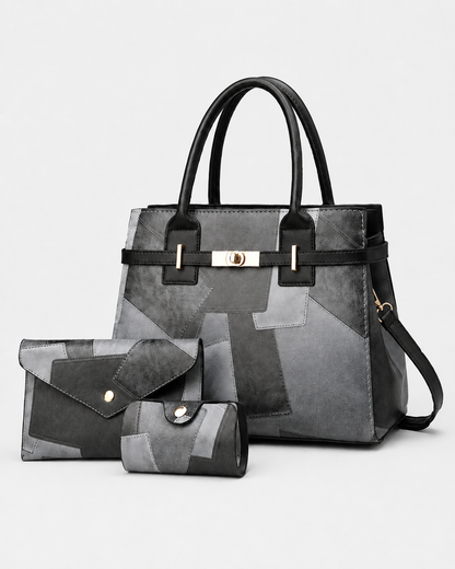 PORT&LOTUS gray and black patchwork vegan leather tote handbag set with matching wallet and card holder
