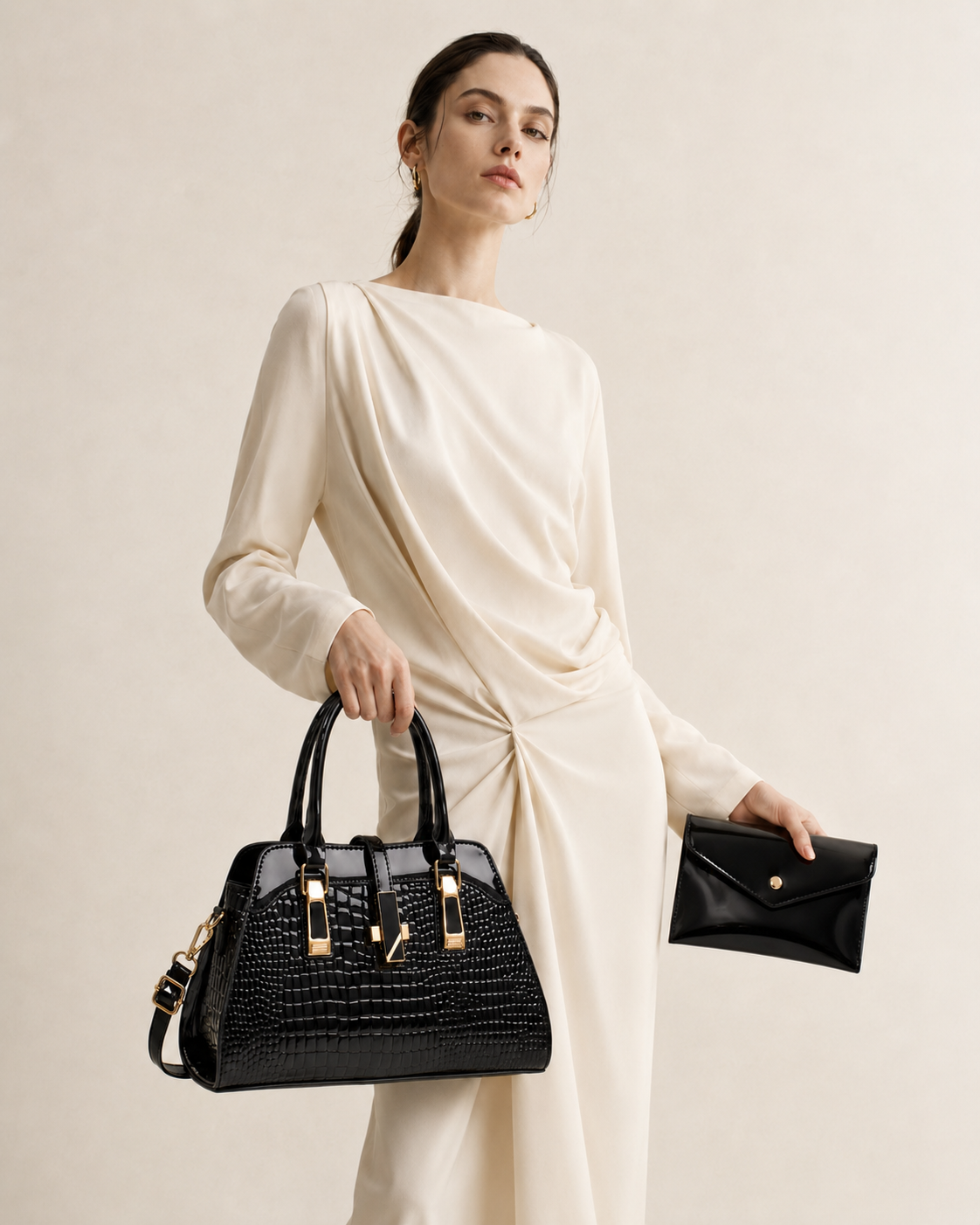 Structured Croc-Textured Satchel | Shoulder Strap and Wallet