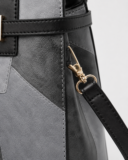 PORT&LOTUS gray patchwork vegan leather tote bag with detachable black shoulder strap and gold-tone clasp hardware detail