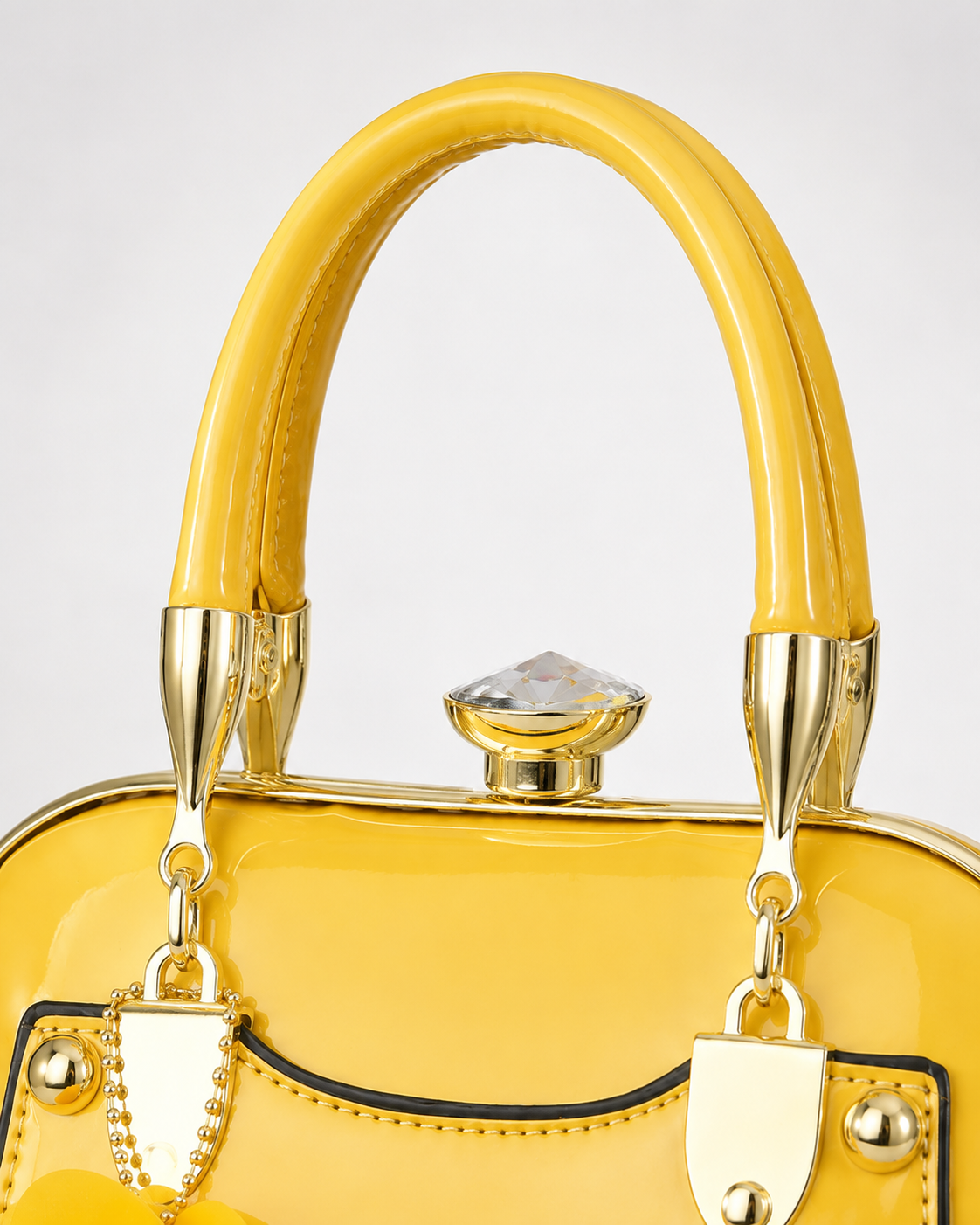 Port&Lotus bright yellow patent leather kisslock handbag handle shot crystal lock gold hardware